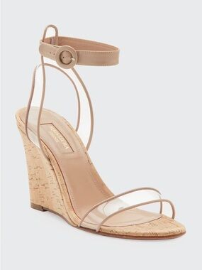 Aquazzura Clear-Strap Cork Wedge Sandals in Nude